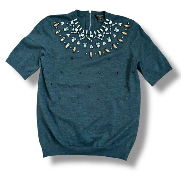 Louis Vuitton Size M Gray Wool Jewel Beaded Neckline Short Sleeve Sweater - Picture 1 of 9